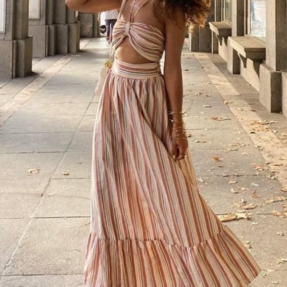 Striped Ruffle Hem Halter Dress